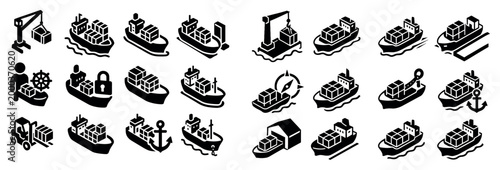 Shipping icons with crane ship container isometric