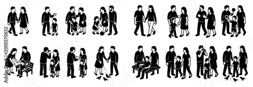Family icons with parents children walking minimal