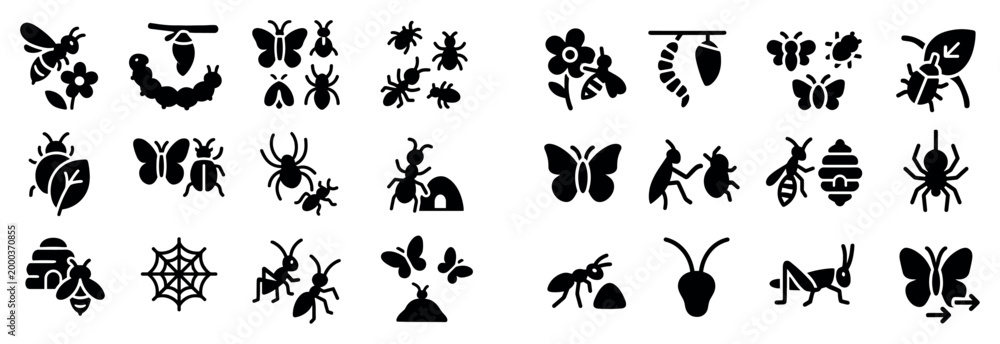 Fototapeta premium Insect icons with bee butterfly ant solid