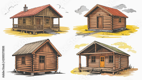 colorful log cabins with different roofs and porches