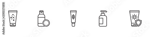 Skincare and cosmetic product icon set. Cream tube, lotion bottle and sun protection symbols. Vector Illustration.