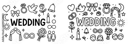 Wedding icons with ring dove bouquet outline