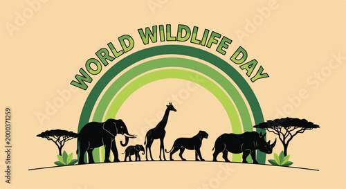 Celebration of World Wildlife Day with diverse wild animals including elephants giraffes and lions in a natural setting
