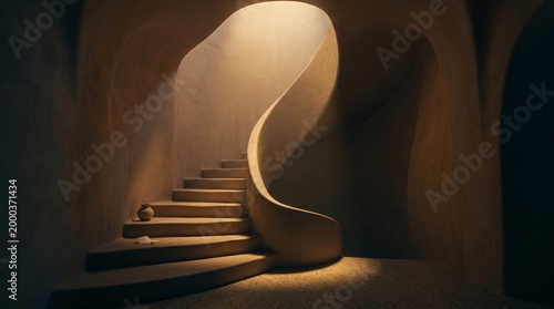 Ethereal Light Sculpting an Organic Staircase in Minimalist Architecture