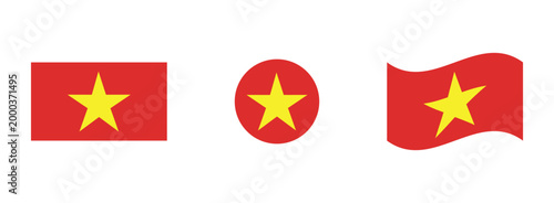 Vietnamese flag variations: red background with yellow star in flat circular waving styles five pointed vietnamese national republic patriotic identity isolated