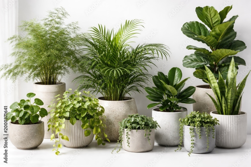 Fototapeta premium Diverse greenery in ceramic pots positioned on bright white background