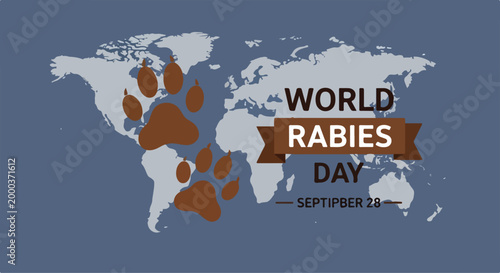 World Rabies Day awareness poster featuring a world map with highlighted regions and a message about rabies prevention
