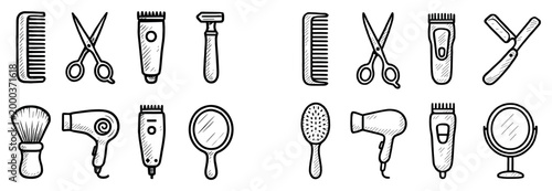 Grooming icons with comb scissors clipper mirror sketch