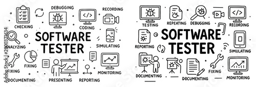 Software icons with testing tools and reporting outline