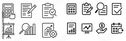 Business icons with calculator clipboard chart minimal