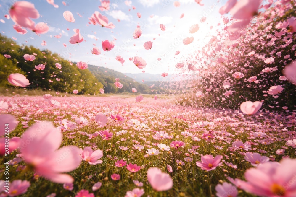 Fototapeta premium Lively pink petals bursting forth in a scenic outdoor field at springtime