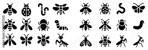 Insect icons with bee caterpillar butterfly silhouette