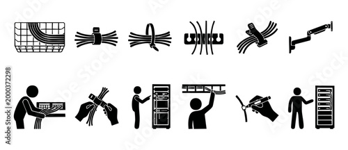 Cable Management Icon Set, Network Infrastructure and Server Wiring Symbols for IT System Installation, Data Center Organization, Wire Routing and Maintenance, Professional Technical Vector Illustrati