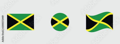 Three jamaican flags: rectangular circular waving styles on gray background jamaican national caribbean independence patriotic government standard political