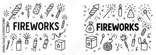Fireworks icons with rocket sparkler candle outline
