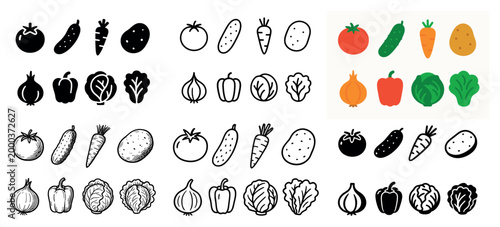 Vegetable icons in color and outline
