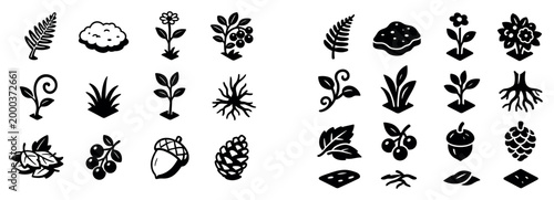 Nature icons with leaf acorn pinecone silhouette