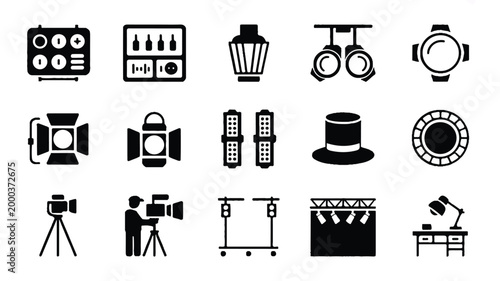 Film and movie production icons set with various equipment and tools used in filmmaking and photography