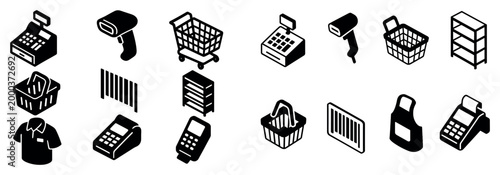 Retail icons with basket scanner register isometric