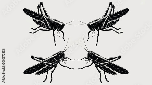four black and white grasshoppers facing each other in a symmetrical pattern