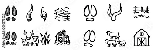 Farm icons with cow barn hoof print sketch
