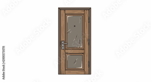A rustic wooden door with a peephole and two glass panels