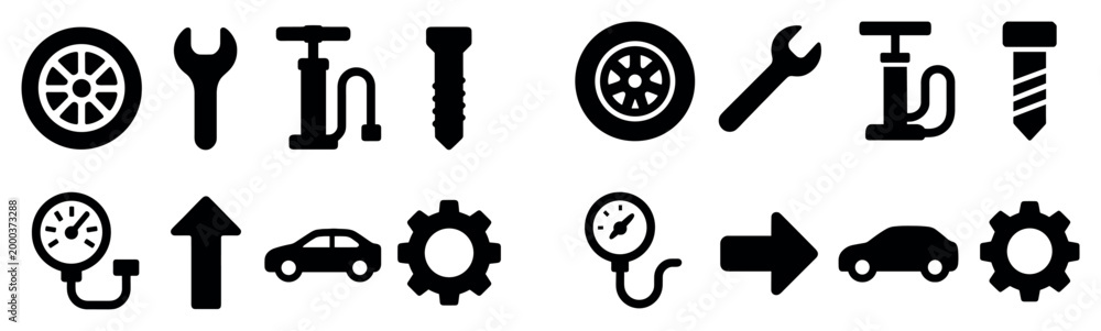 Obraz premium Automotive icons with wheel wrench bolt flat