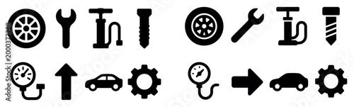 Automotive icons with wheel wrench bolt flat