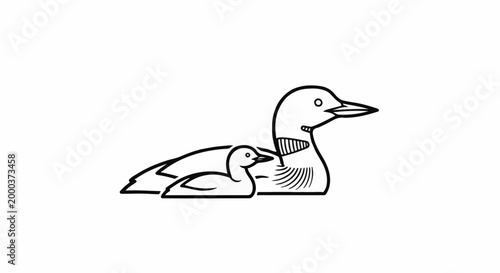 A mother bird and her chick swim together in a simple outline