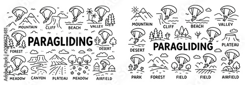 Paragliding icons with parachute and mountain outline