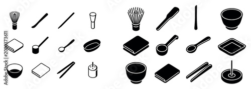 Tea ceremony icons with whisk bowl spoon outline