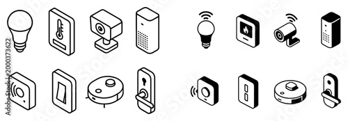 Smart home icons with bulb camera lock minimal