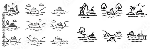 Marine icons with ship and island outline