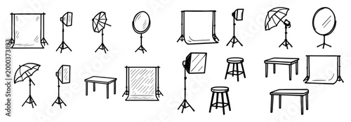 Photography icons with lights and backdrops sketch