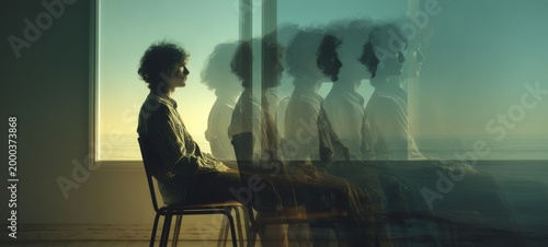 Person Sitting Alone in Quiet Room While Multiple Translucent Versions Explore Different Life Paths, Surreal Timeline Concept of Choices and Identity, Cinematic Lighting