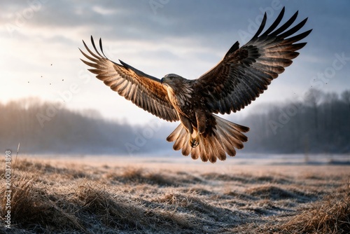 Bird of prey ascending in chilly daylight over open field