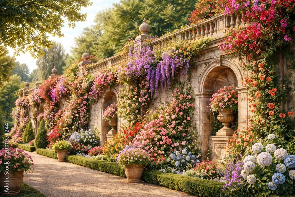 Fototapeta premium Elegant garden wall covered in vivid flowers merging botanical beauty and architecture in summer