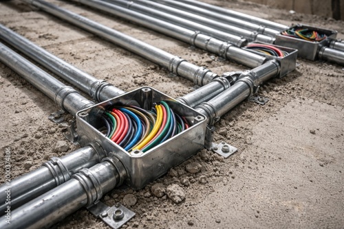Detailed industrial capture of pipe encased electrical wiring ready for cement cover