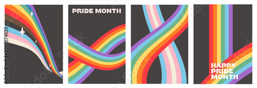 Queer Pride Month poster set with retro rainbow and trans flag wave. Trendy LGBTQ wall art print, Y2K aesthetic social media story banner. Minimalist digital graphic for inclusive marketing. Vector.