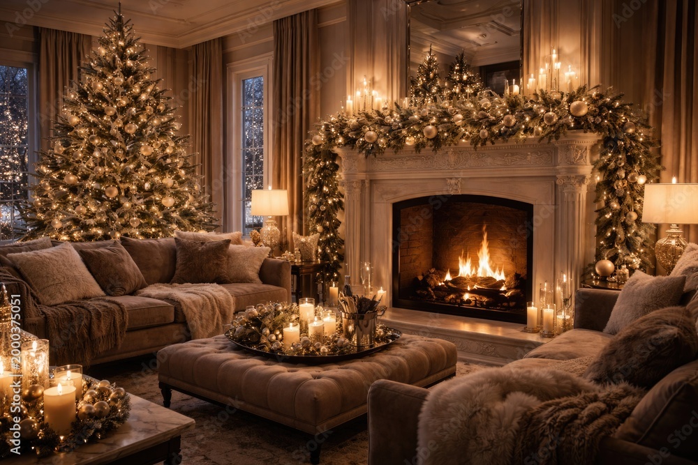 Fototapeta premium Elegant lounge area showcasing fireplace and winter holiday decorations