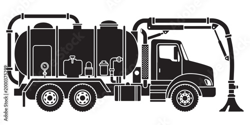 Industrial vacuum truck silhouette vector, heavy duty septic pumper truck icon, black and white sewer cleaning vehicle illustration for logo design