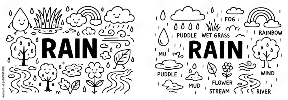 Fototapeta premium Weather icons with rain cloud rainbow doodle