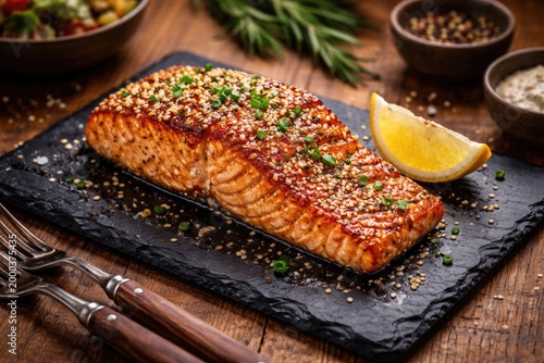 Grilled salmon portion coat...