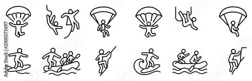 Adventure icons with parachute surfboard raft outline style