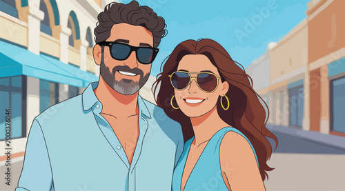 Happy stylish couple posing on sunny downtown street