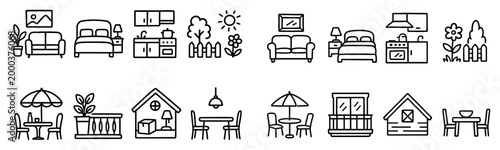 Home icons with sofa bed kitchen outline