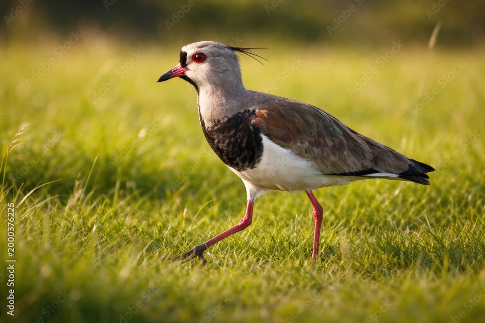 Fototapeta premium Active Southern Lapwing strolling through vibrant green pasture