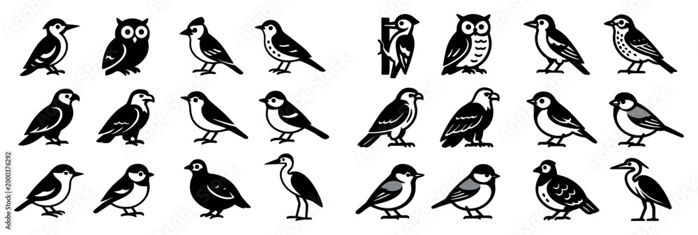 Fototapeta premium Nature icons with bird and owl silhouettes flat
