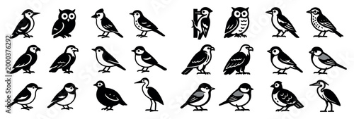 Nature icons with bird and owl silhouettes flat