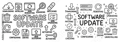 Software icons with cloud magnifier gear outline